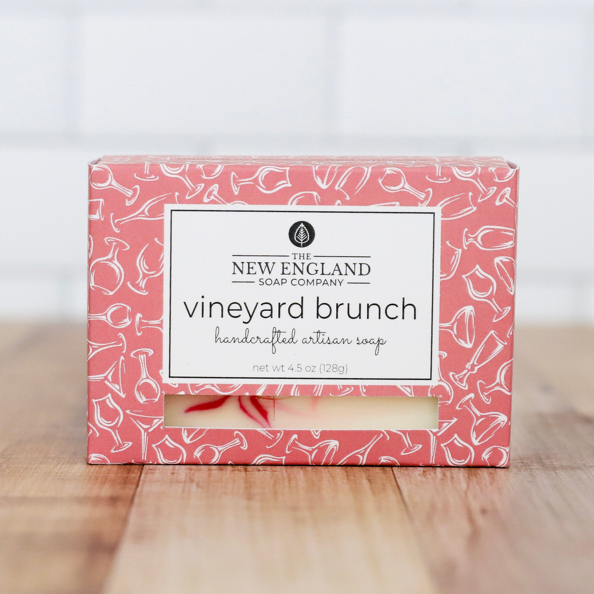 Box of New England Soap Company vineyard brunch soap on a wooden surface with a white background