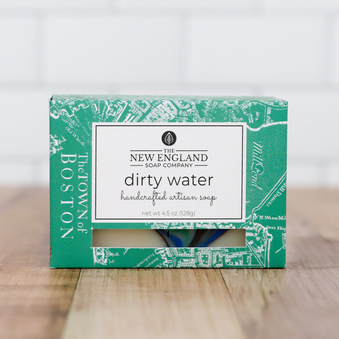 Box of New England Soap Company soap on a wooden surface with a white background - Dirty Water Artisan Soap