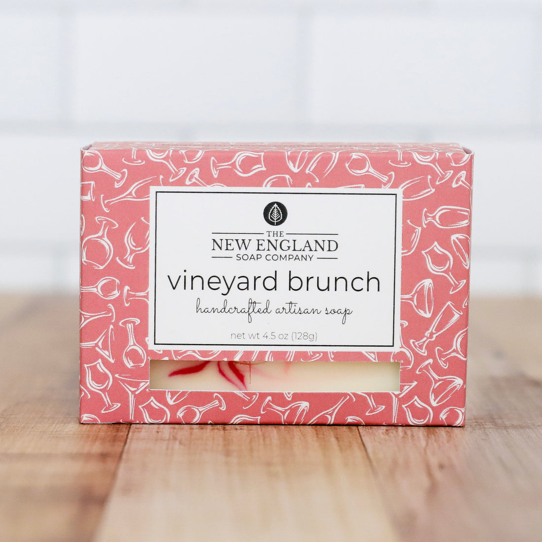 Box of New England Soap Company vineyard brunch soap on a wooden surface with a white background